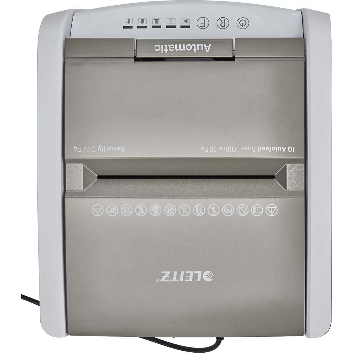 Grey Leitz shredder. Buttons and indicators at the top, the feed below. The logo is at the bottom right.