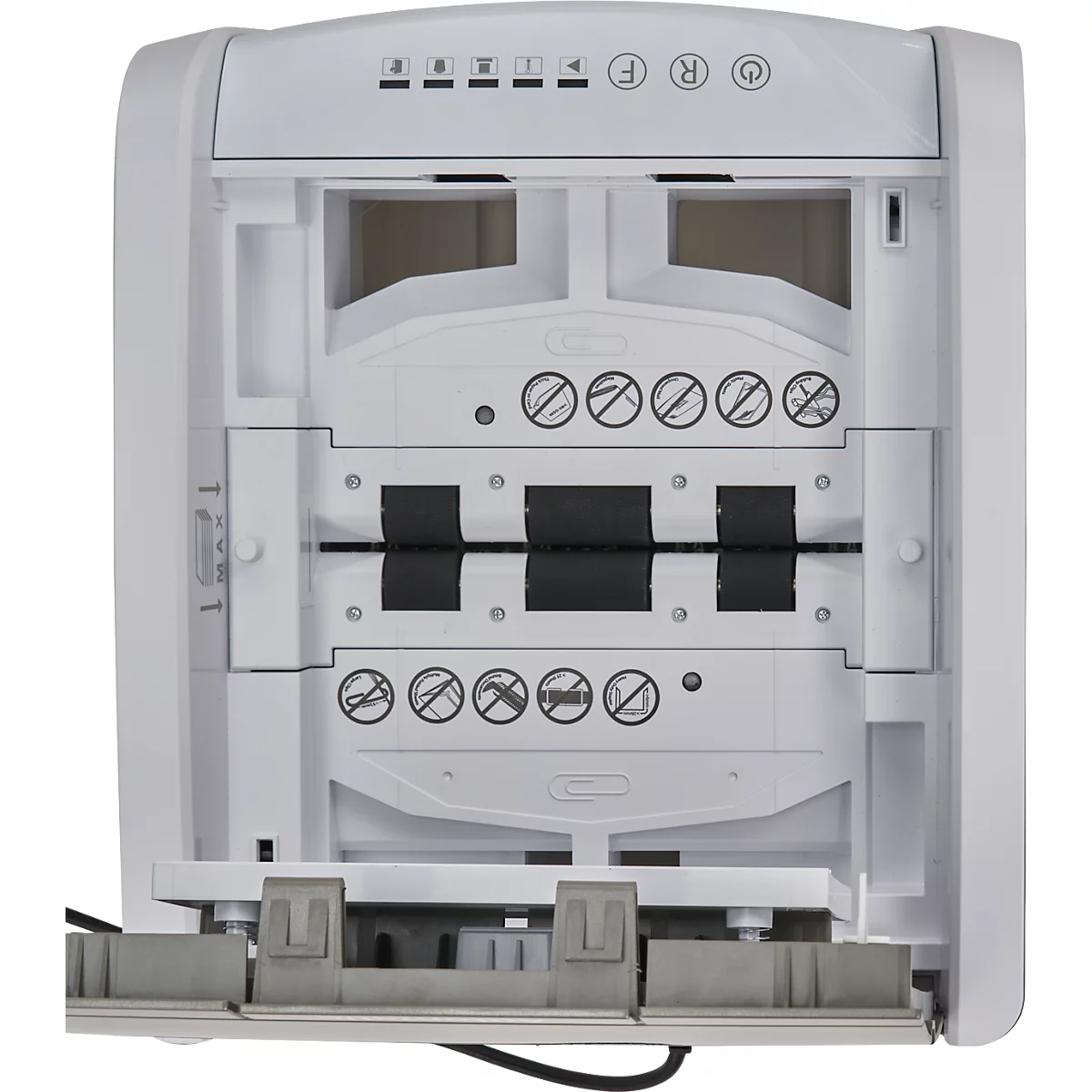 Close-up of a white paper shredder. Function symbols are at the top. Several stacked elements, some with symbols and black tape.