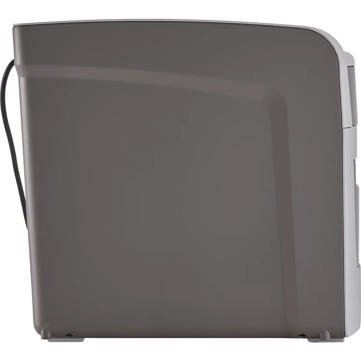 Gray device, side view. Black cable on the left. White details and feet on the bottom right.