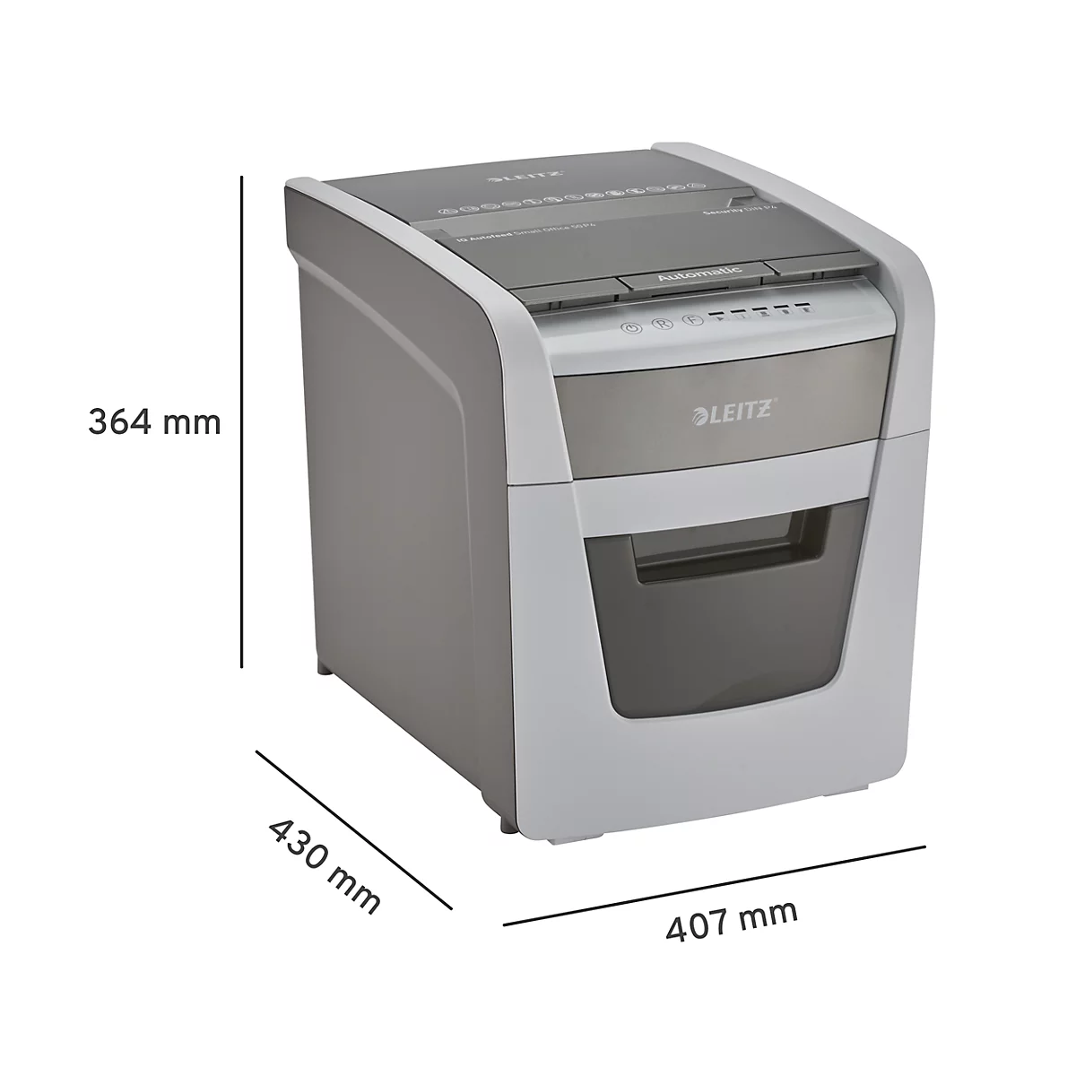 Leitz paper shredder in gray and white, with dimensions: 364 x 430 x 407 mm.