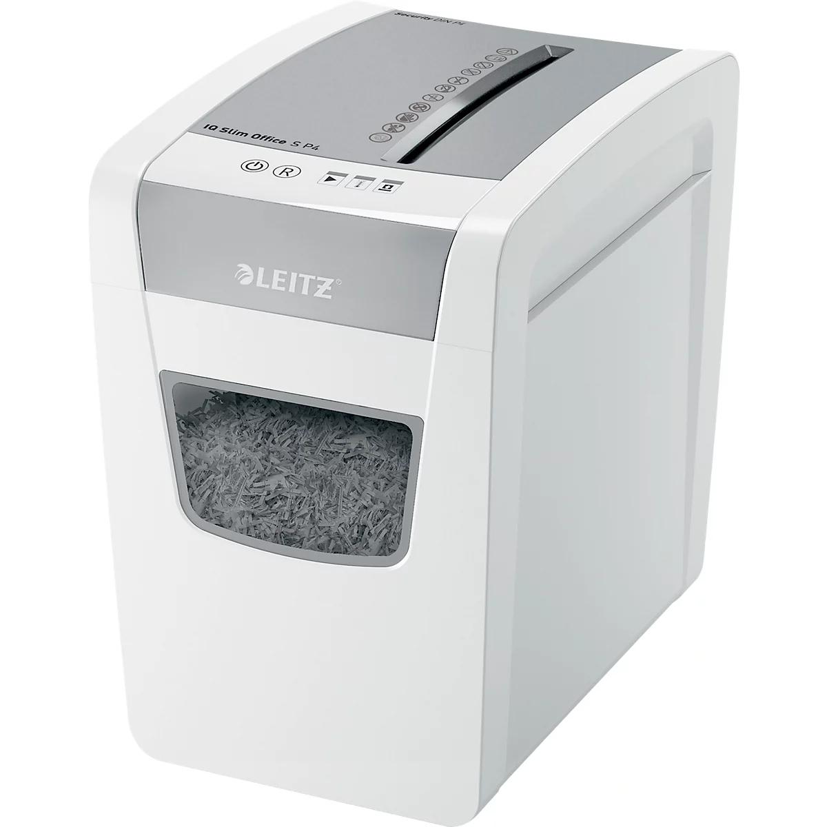 White Leitz paper shredder. Gray top with paper feed slot, control panel below. Front window shows shredded paper.