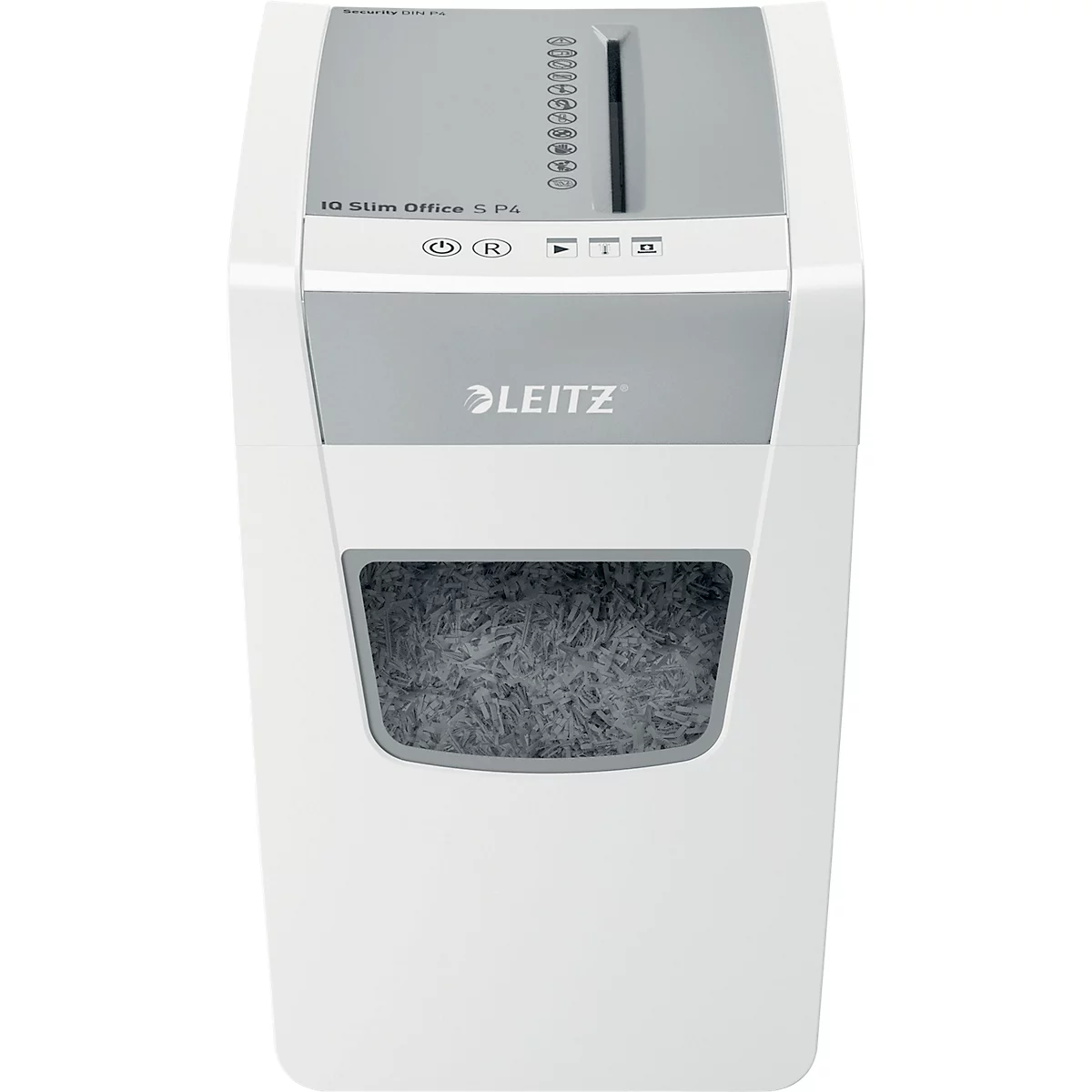White Leitz paper shredder. Gray accent stripes, paper ejection opening, and container for shredded paper.