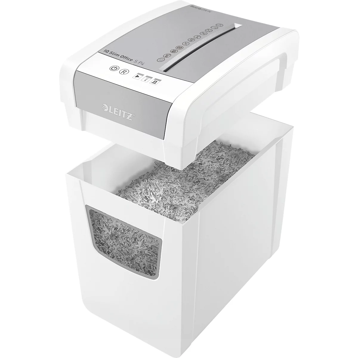 Shredder with open collection container. Grey shredded paper. Leitz brand.