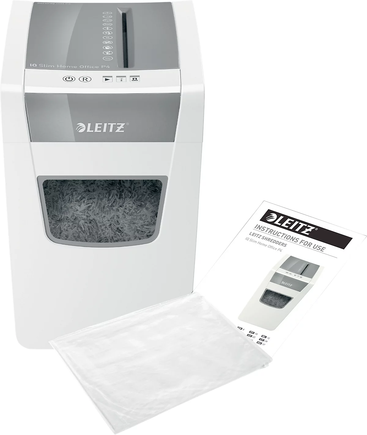 Leitz IQ Home Office Destructora de papel Slim P4, corte de partículas 4 x 28 mm, 23 l, capacidad de corte de 10 hojas, tecnología antiatasco, blanca