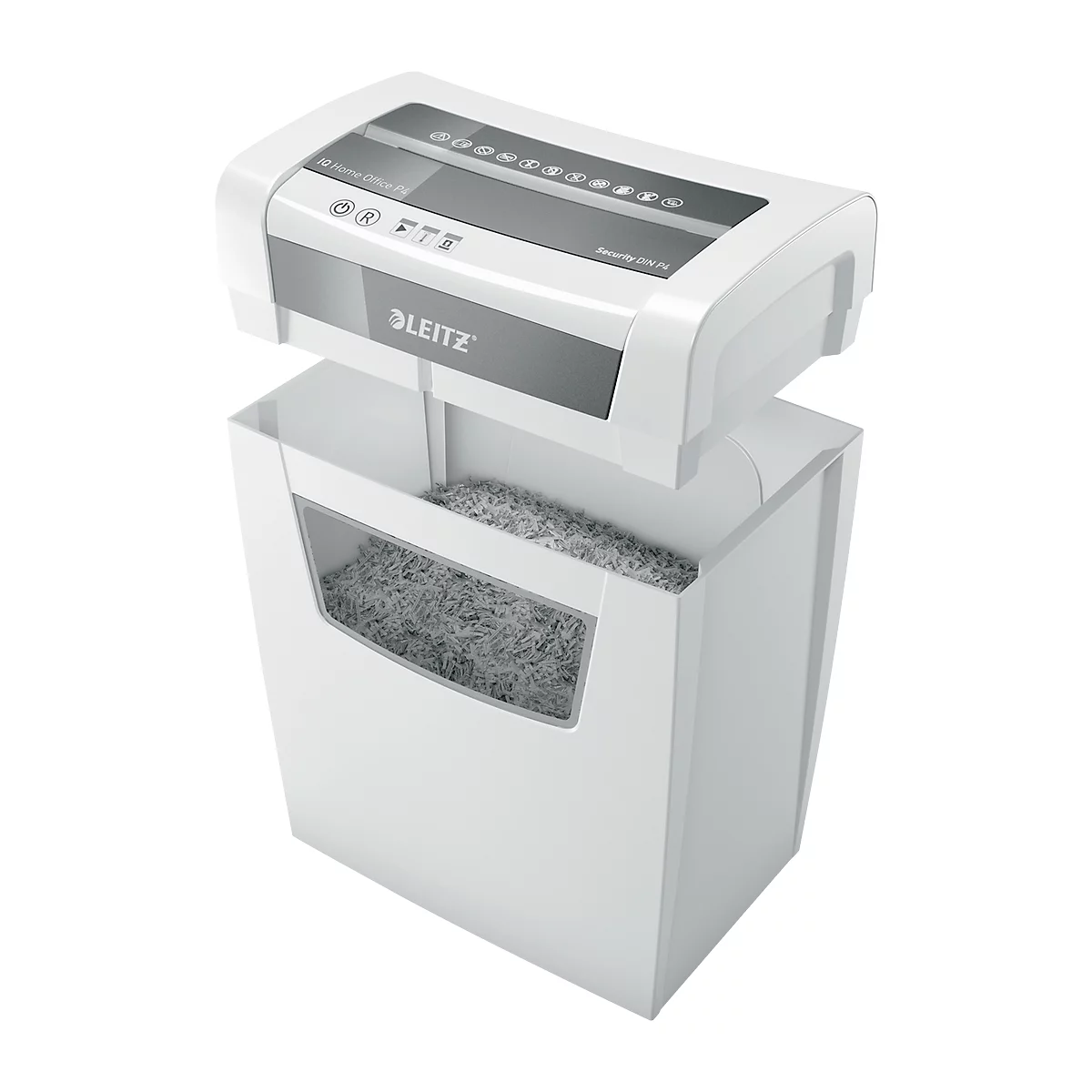 White paper shredder, Leitz logo. Top: Controls. Bottom: Container with shredded paper.