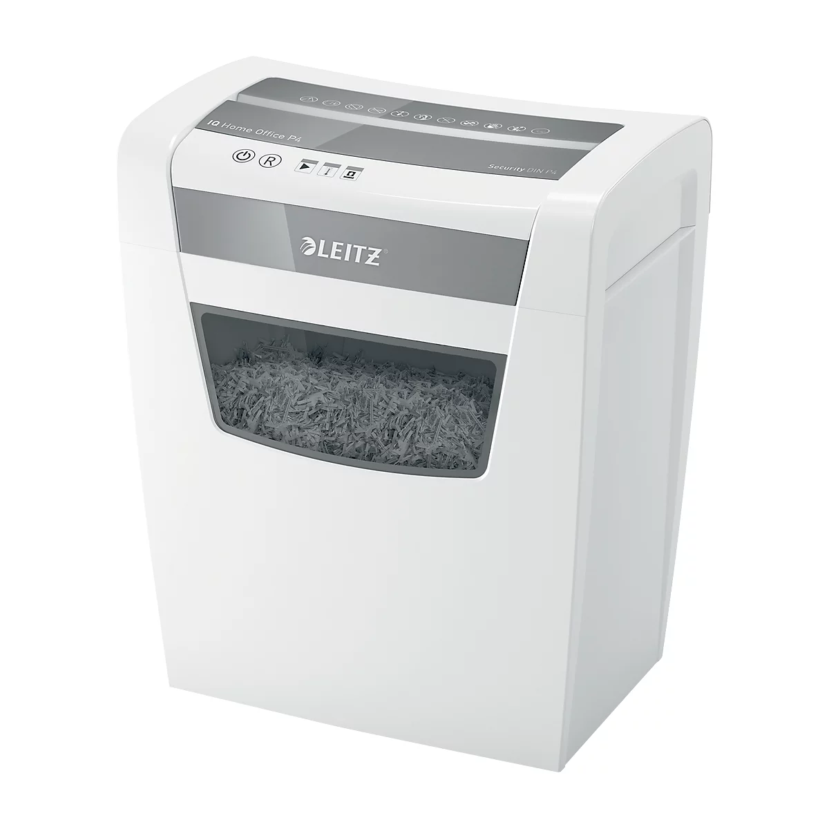White paper shredder with Leitz logo and visible paper shredder container.