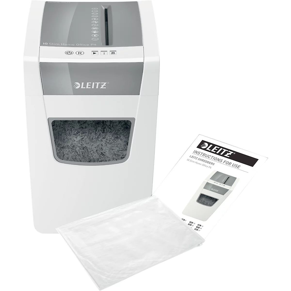 White Leitz paper shredder with grey accents. Next to it an instruction manual and a foil bag.
