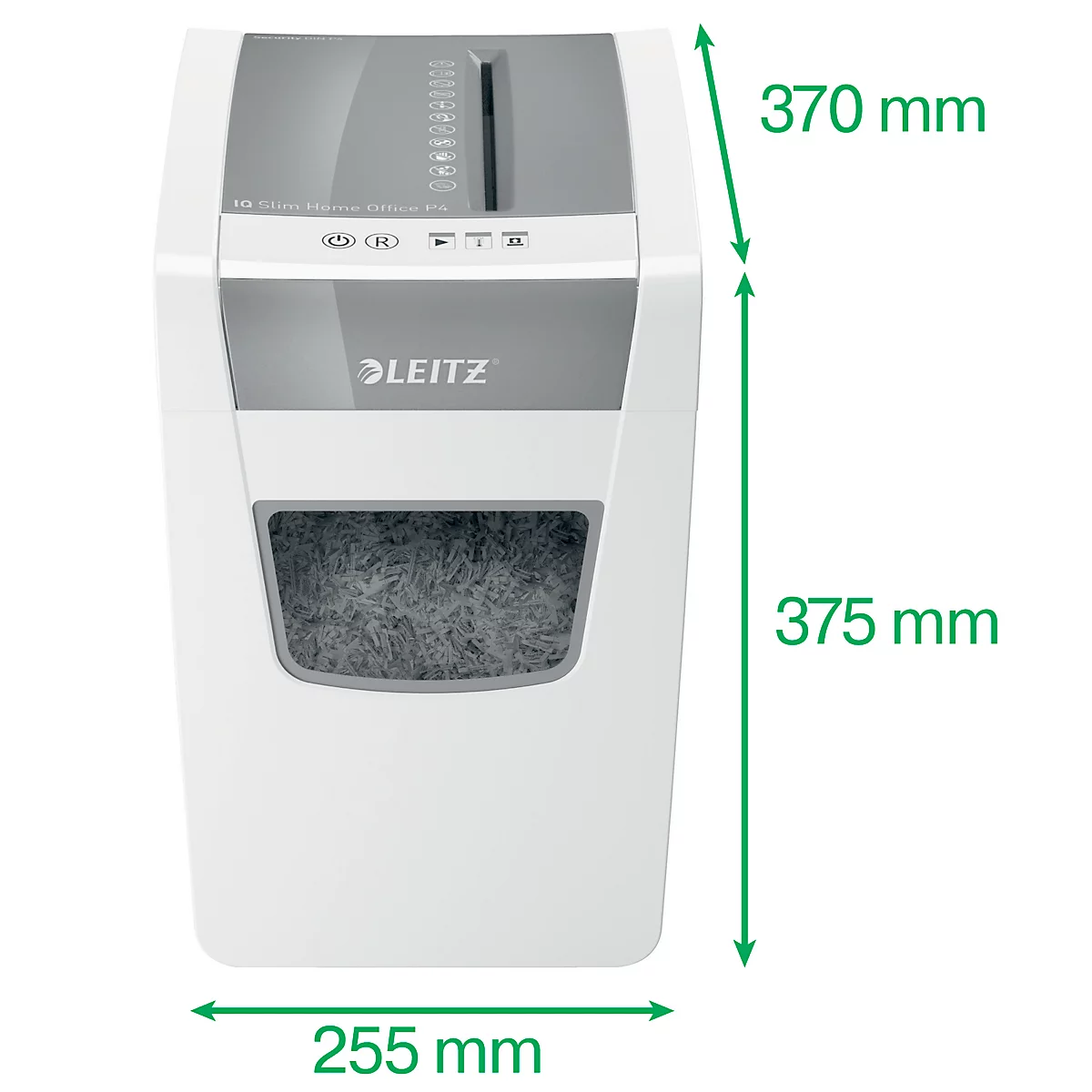 White paper shredder with gray top. 'LEITZ' inscription. Dimensions: 370 mm high, 375 mm long, 255 mm wide.
