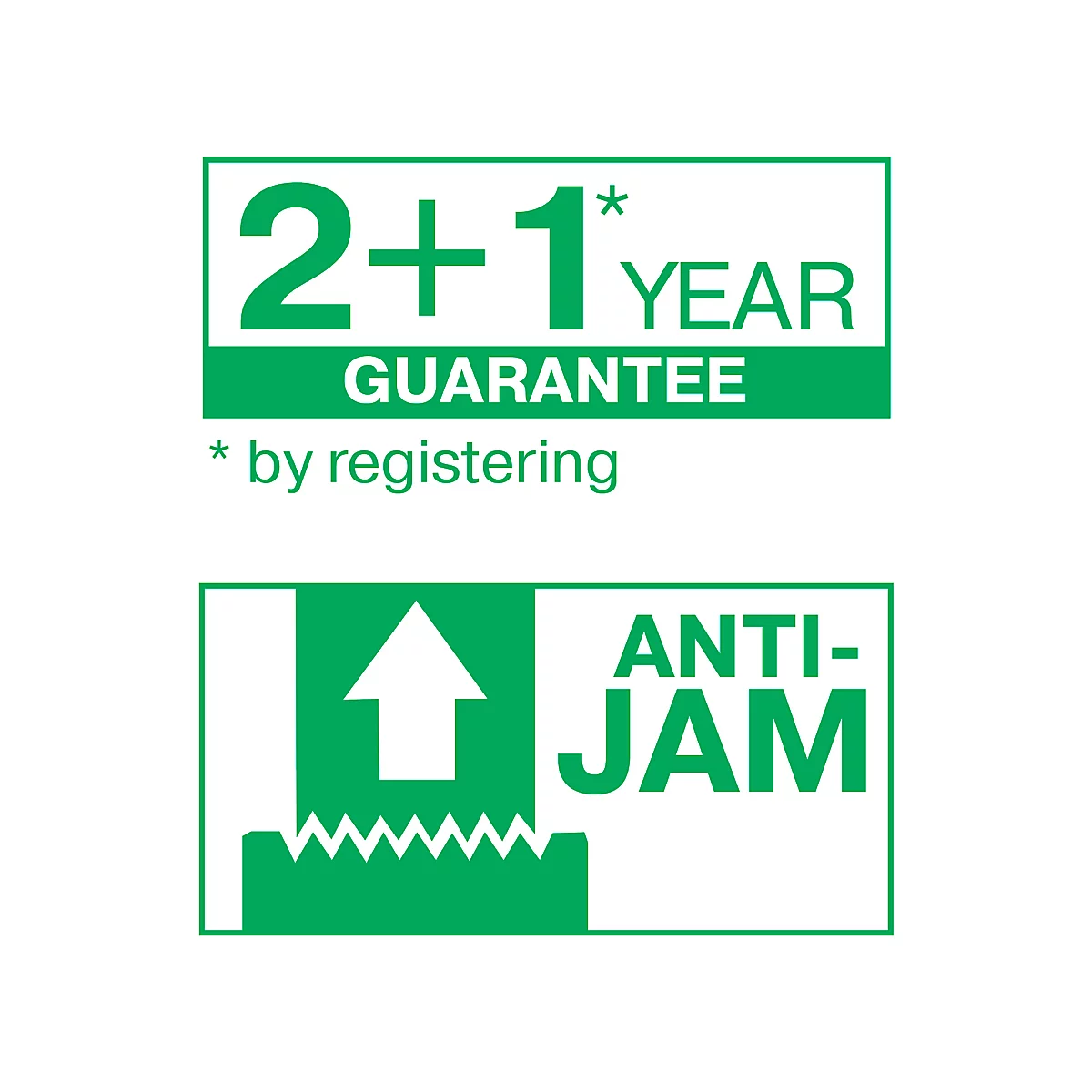 Two green rectangles. Top says '2+1 Year Guarantee'. Below, 'Anti-Jam' with an arrow.