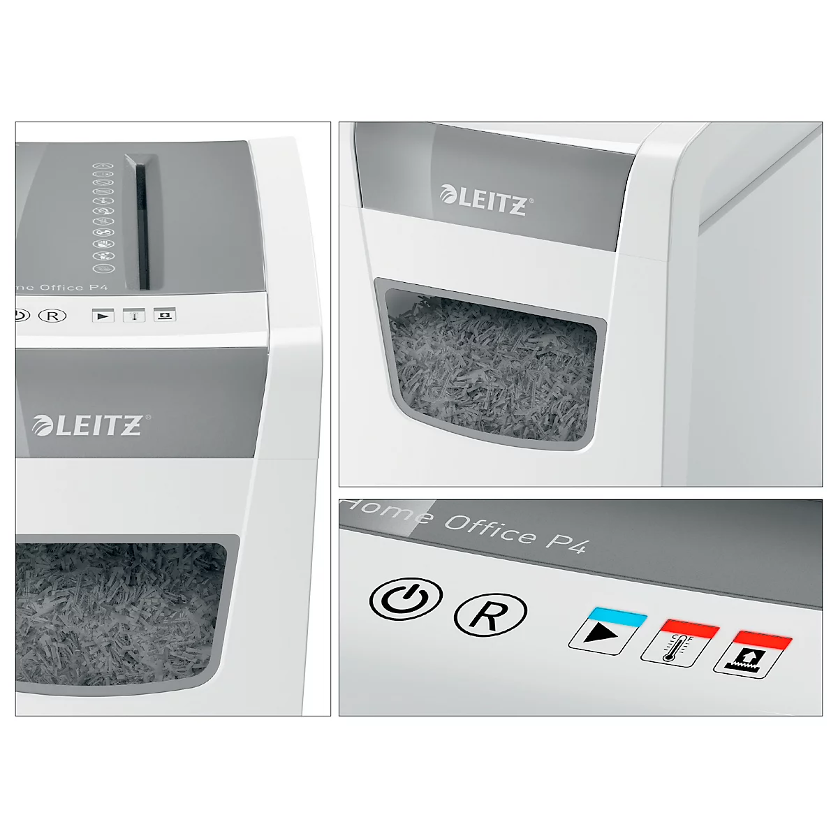 Detailed shot of a white Leitz paper shredder. Different views show the control panel, the waste container, and other details.