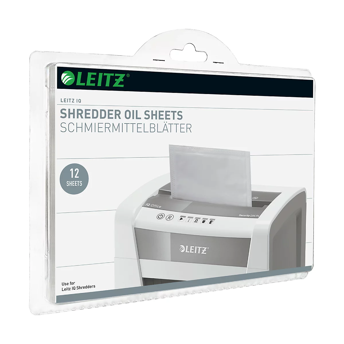 Package with shredder oil sheets, with a shredder in the background.