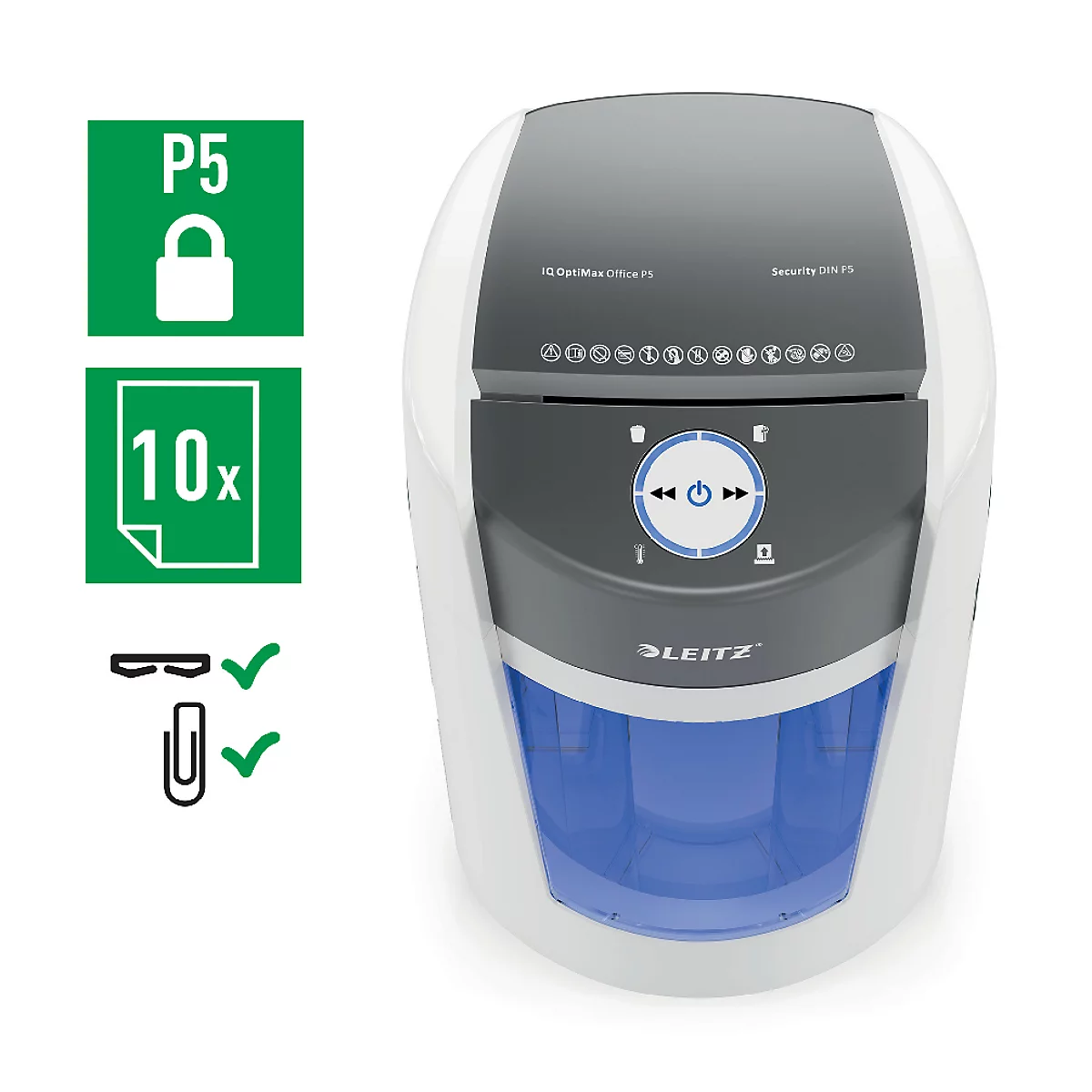 Leitz IQ OptiMax Office Aktenvernichter, Mikropartikelschnitt 2 x 15 mm, P-5, 35 l, 10 Blatt Schnittleistung, Rotationstechnologie, mit Rollen, weiß
