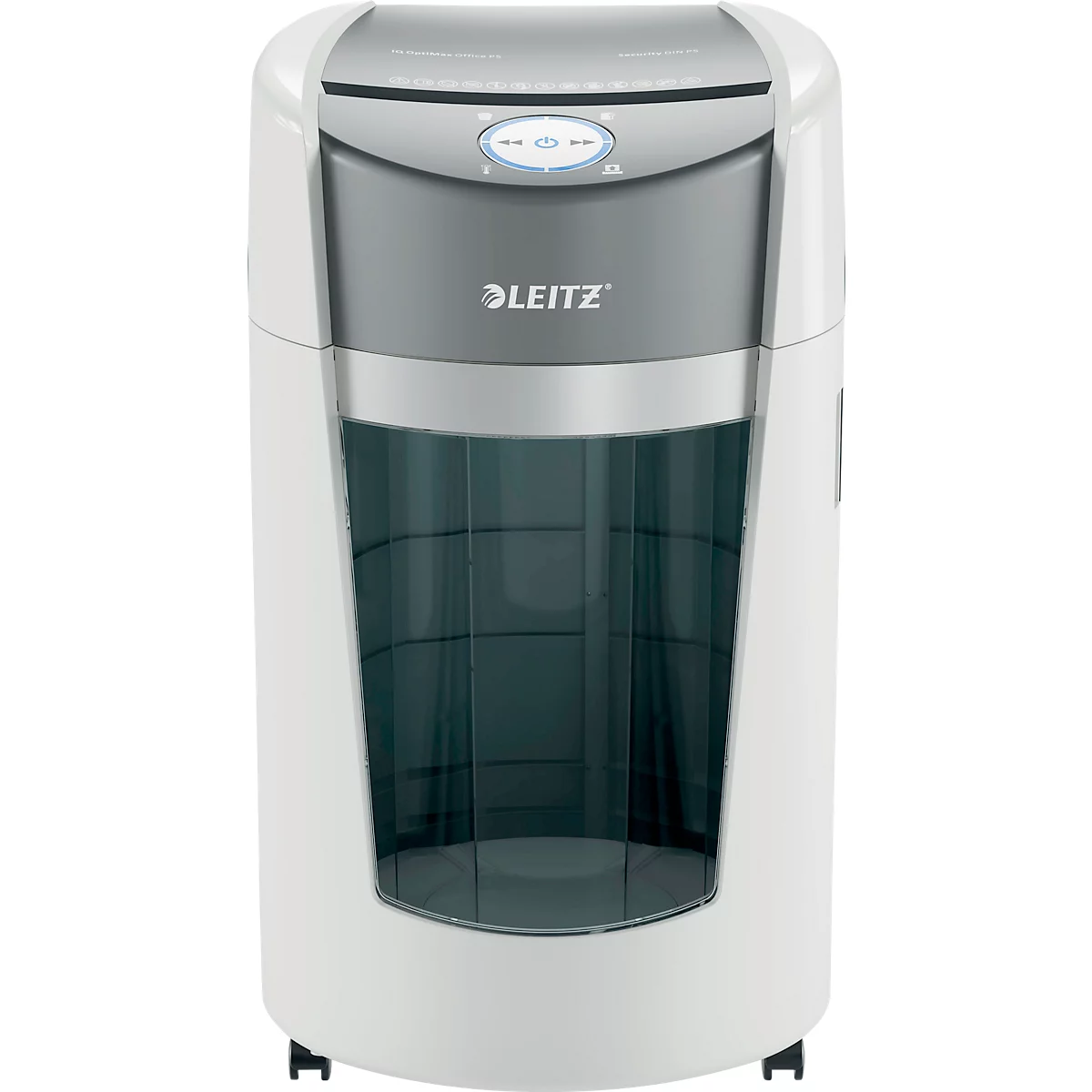 Leitz IQ OptiMax Office papiervernietiger, microdeeltjes snede 2 x 15 mm, P-5, 35 l, 10 vel snijcapaciteit, rotatie technologie, met rollen, wit