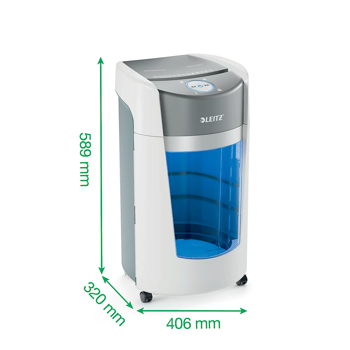 Leitz IQ OptiMax Office papiervernietiger, microdeeltjes snede 2 x 15 mm, P-5, 35 l, 10 vel snijcapaciteit, rotatie technologie, met rollen, wit