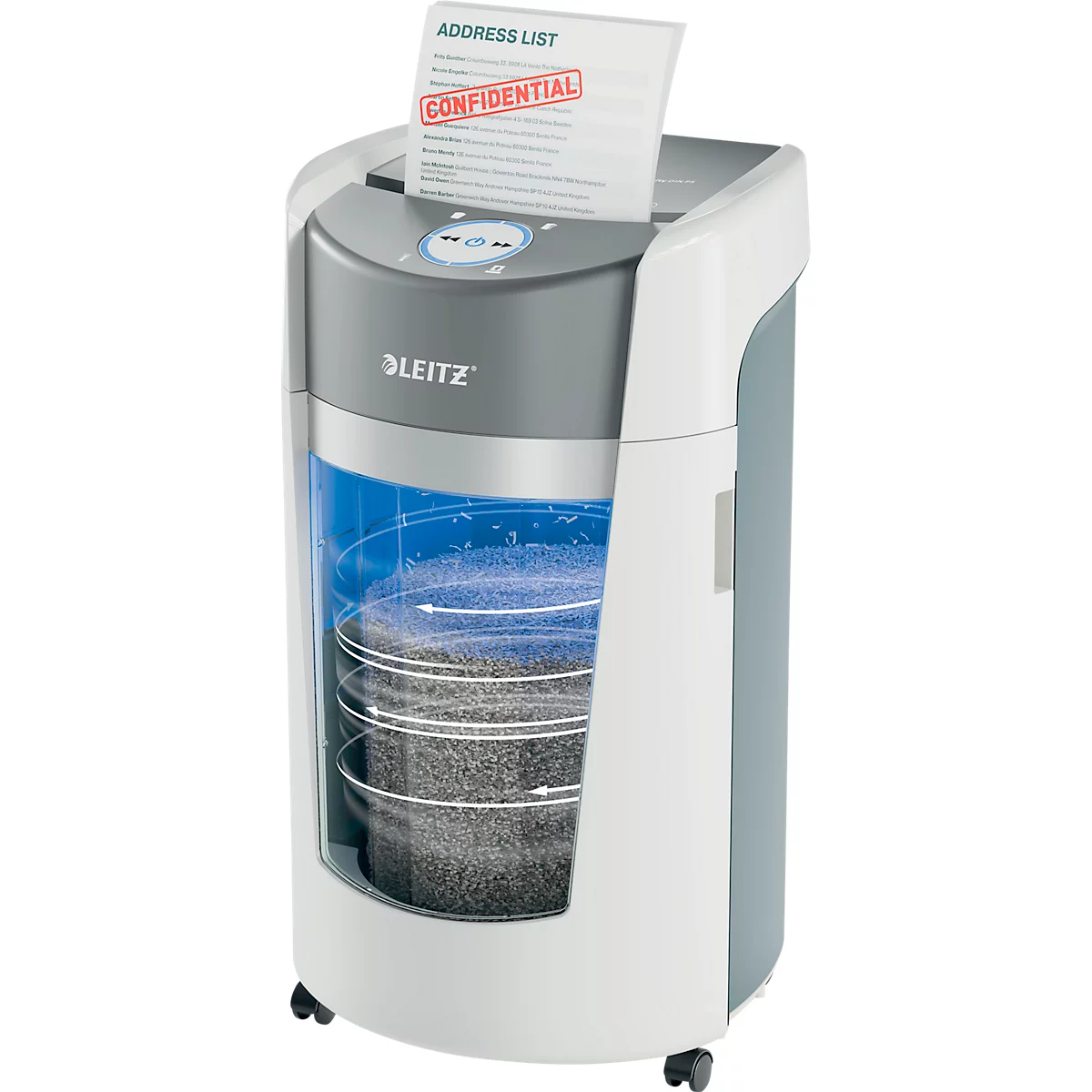 Leitz IQ OptiMax Office papiervernietiger, microdeeltjes snede 2 x 15 mm, P-5, 35 l, 10 vel snijcapaciteit, rotatie technologie, met rollen, wit