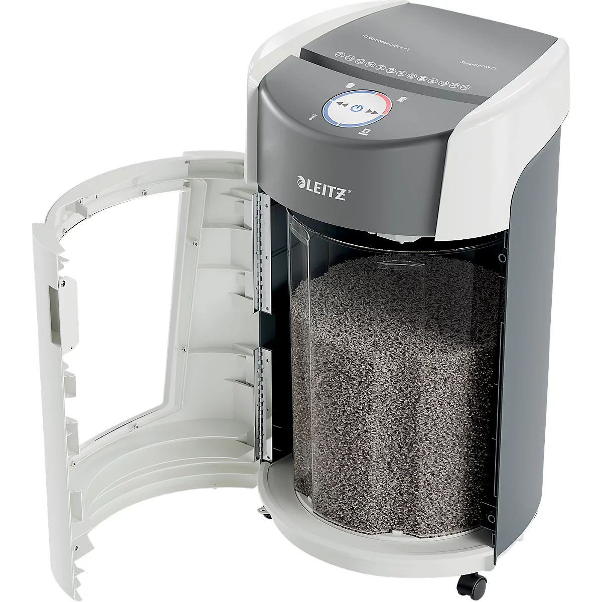 Leitz IQ OptiMax Office papiervernietiger, microdeeltjes snede 2 x 15 mm, P-5, 35 l, 10 vel snijcapaciteit, rotatie technologie, met rollen, wit