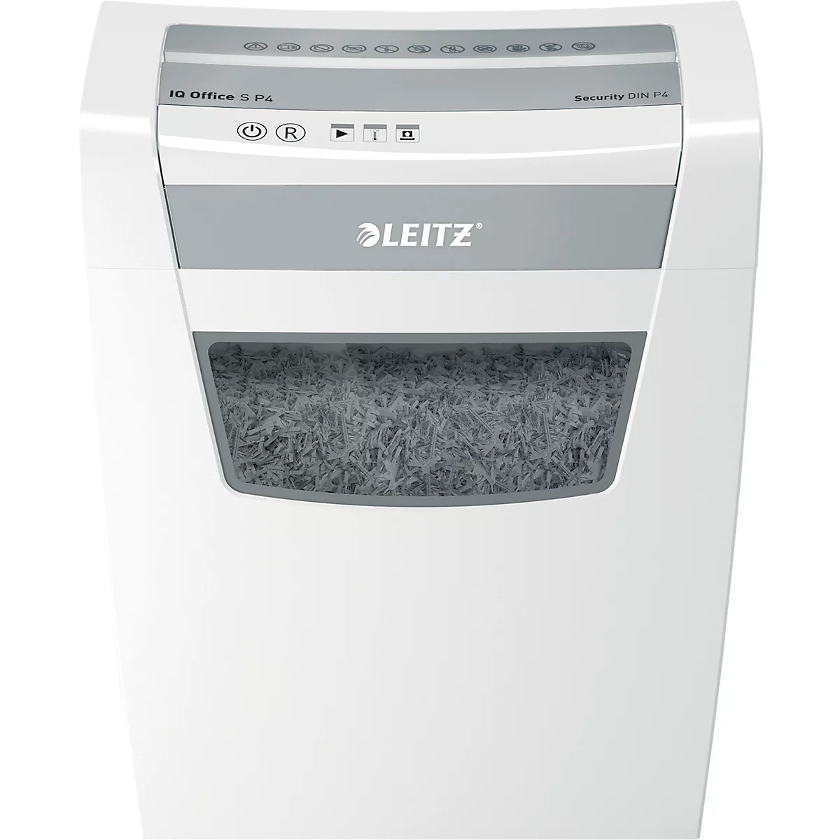 Witte Leitz papierversnipperaar, met grijs bedieningspaneel en kijkvenster voor het versnipperde papier.
