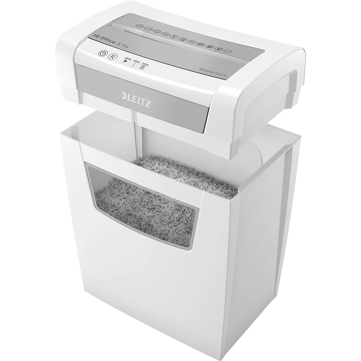 Witte papierversnipperaar met grijze accenten. Een container is gevuld met versnipperd papier.