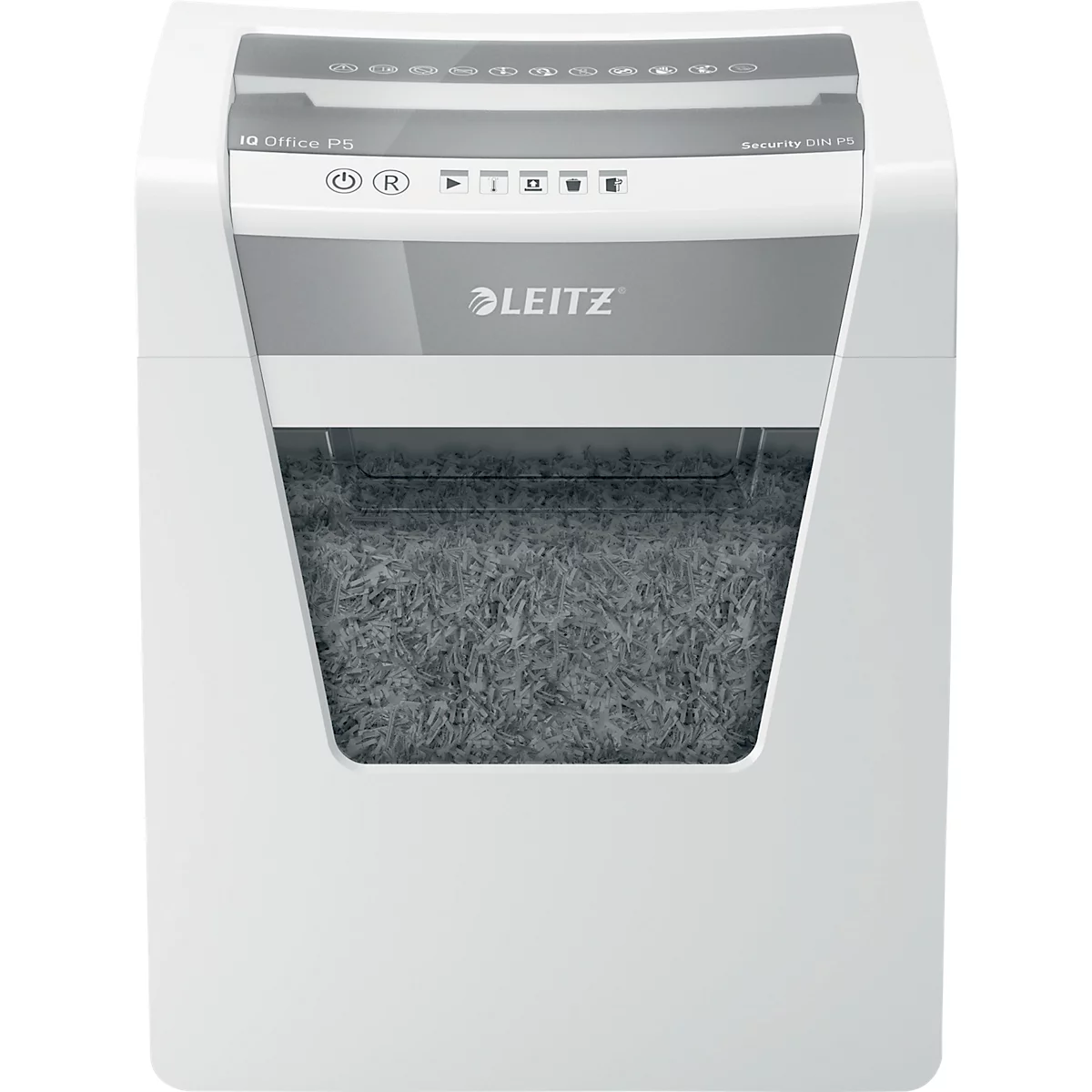Witte papierversnipperaar met grijze voorkant en LEITZ-logo. Papiersnippers zijn zichtbaar in de opvangbak.
