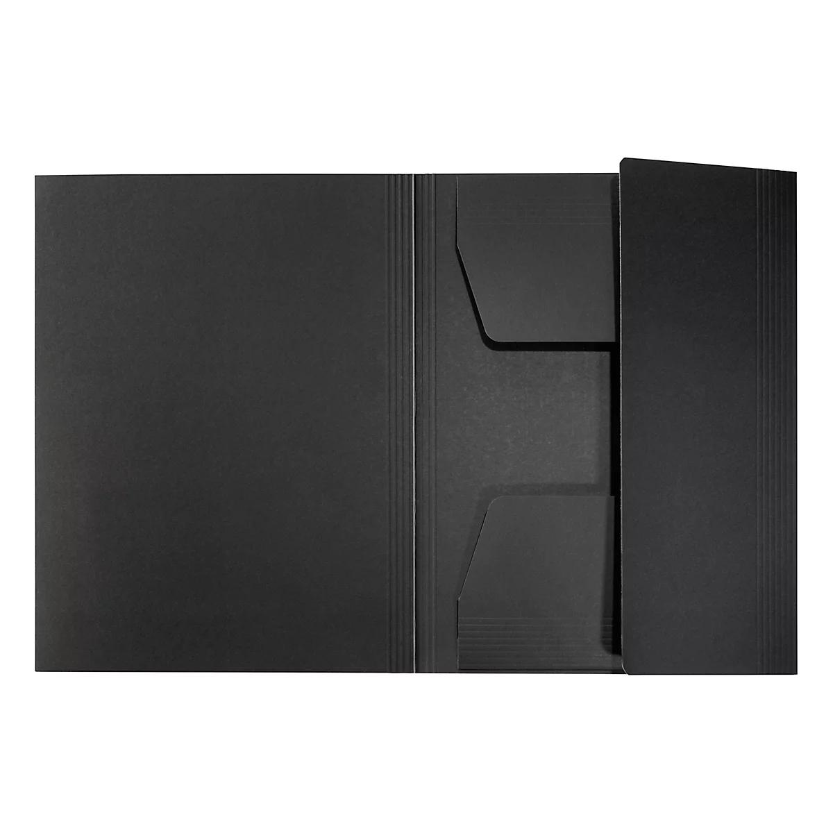 Schwarze Aktenmappe, geöffnet, mit zwei Fächern.