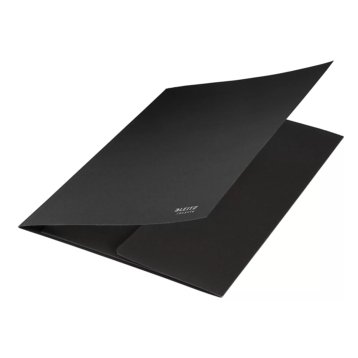 Schwarze, offene Dokumentenmappe, Produkt des Herstellers LEITZ. Die Mappe liegt auf weißem Hintergrund.