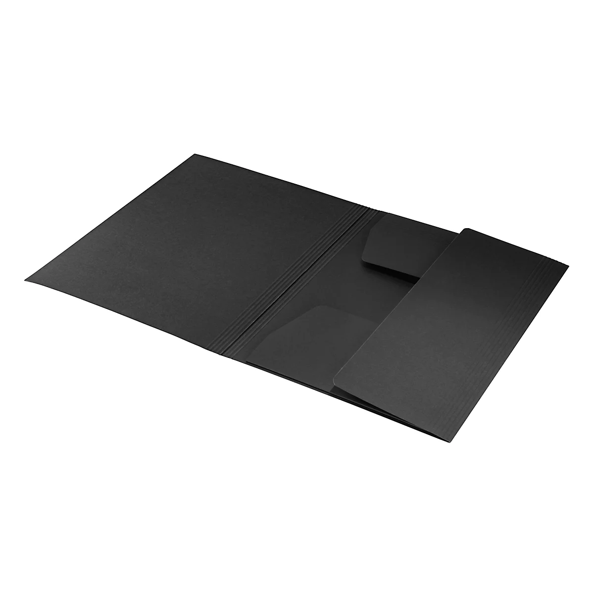 Schwarze, offene Mappe mit Taschen, vor weißem Hintergrund.