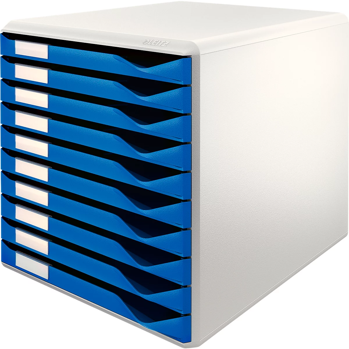 Witte kast met blauwe lades. Elke lade heeft een wit labelveld.