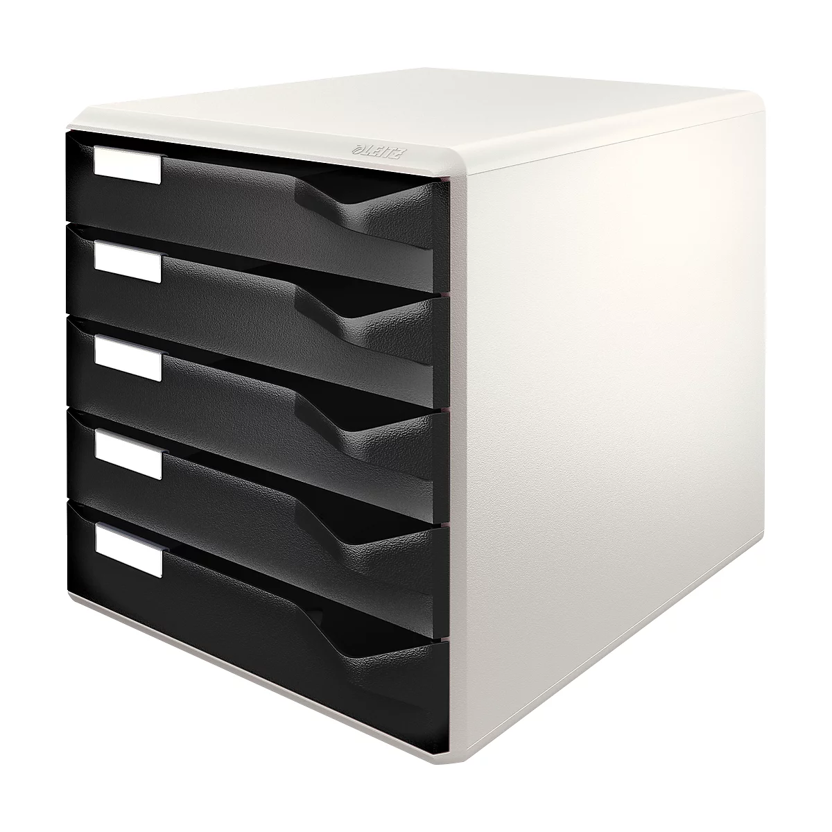Witte bureau-organizer met vijf zwarte laden. Elke lade heeft een verzonken handgreep en een wit naamlabel.
