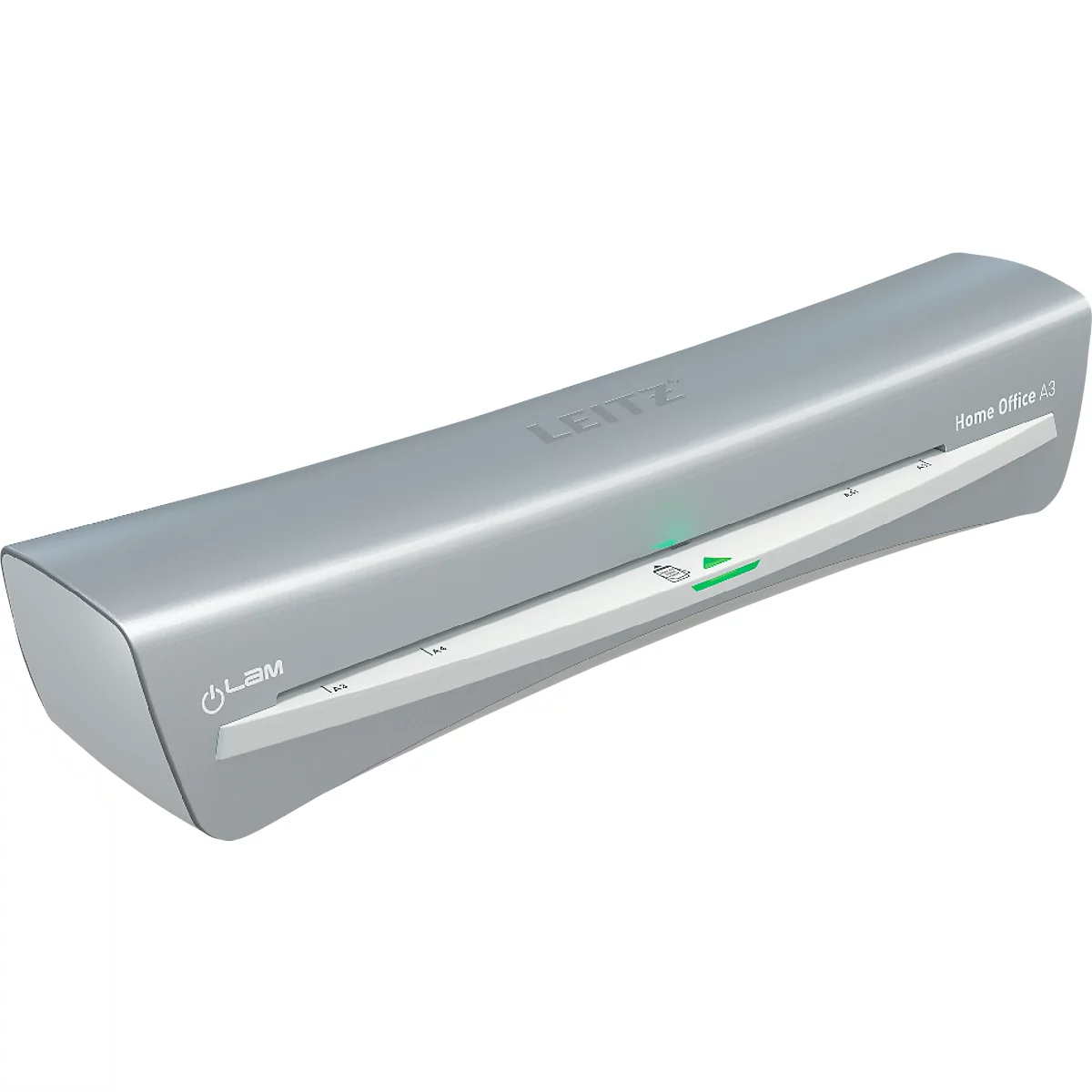 Gray Leitz laminator, Home Office A3, with green control buttons and the word 'Leitz'.