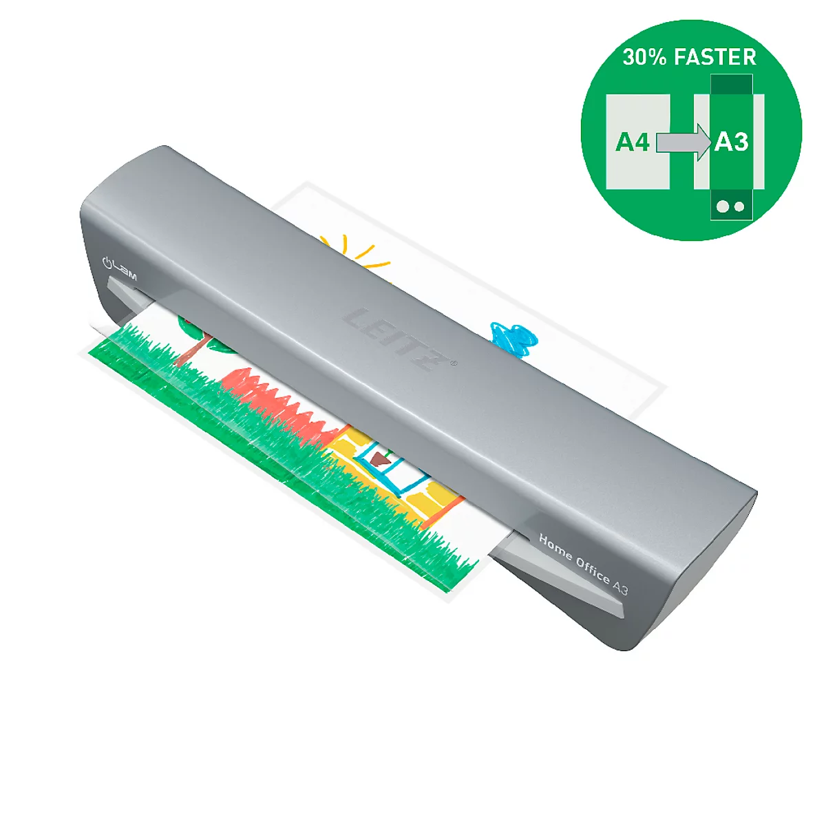 Gray laminator with colorful paper sheets. A green circle shows the acceleration. The name 'Leitz' can be seen.