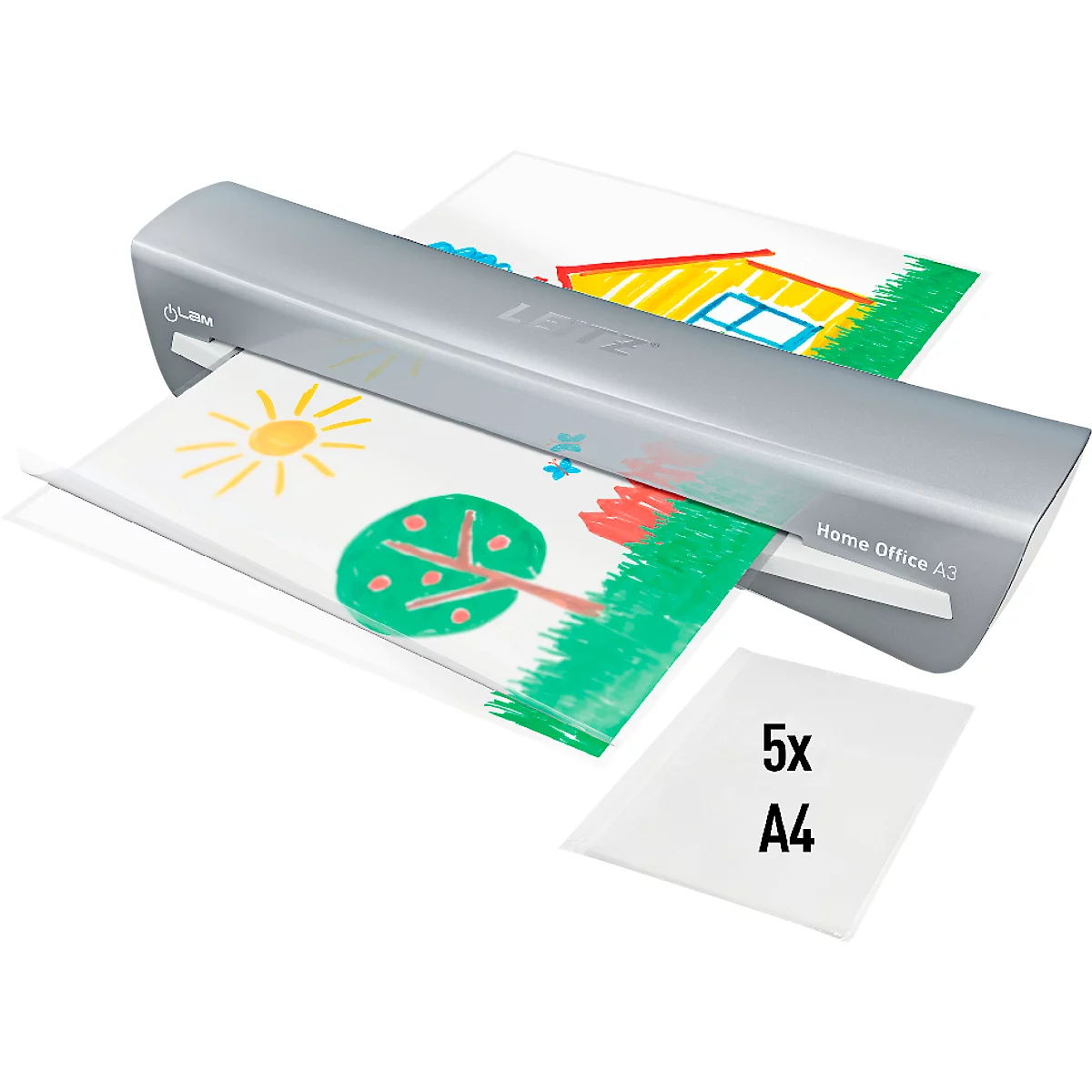 A laminator laminates children's drawings. On the sheet of paper you can see a sun, a tree and a house. Laminating pouches are next to it.