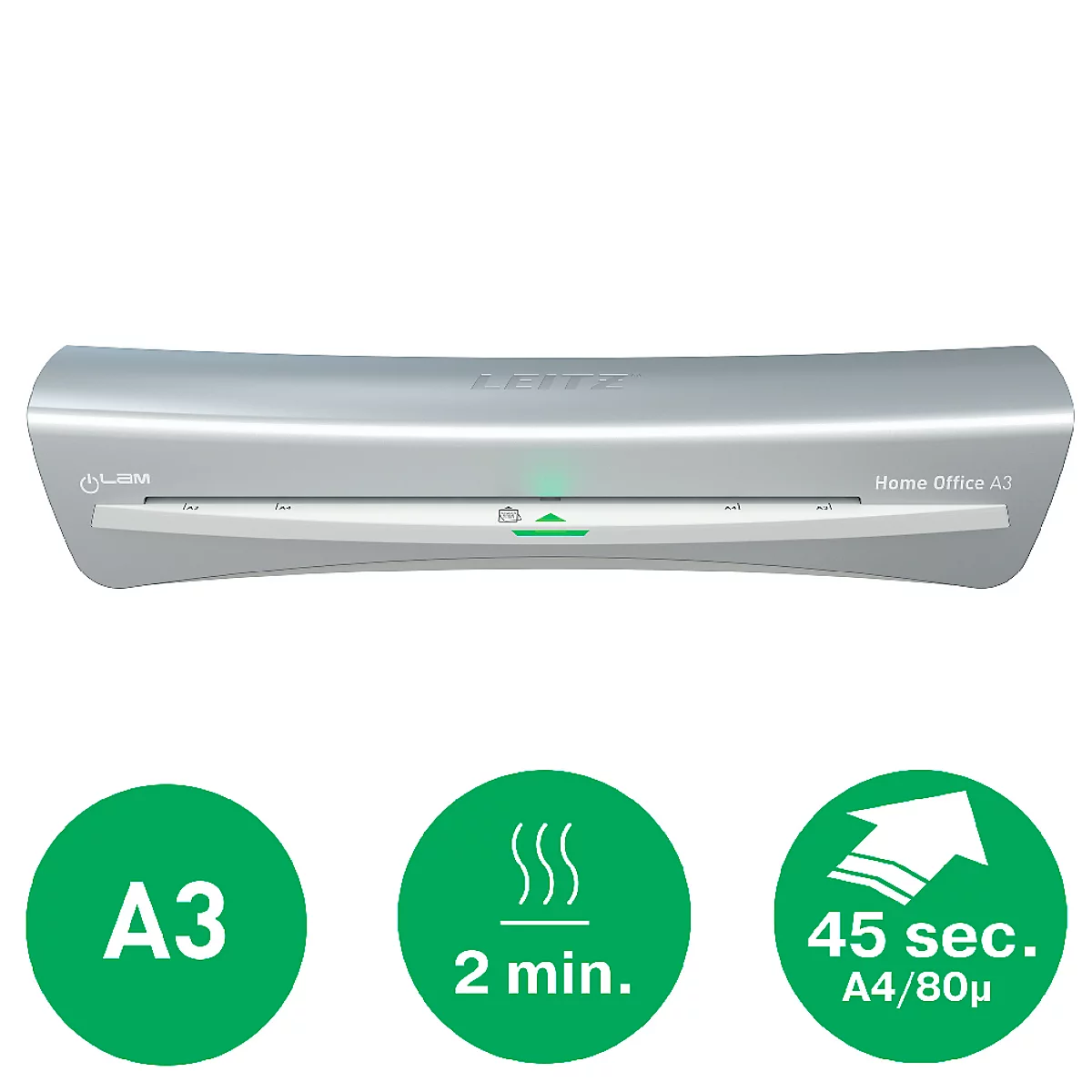 Grey A3 laminator. Three green circles with information: A3, 2 min, 45 sec. A4/80μ.