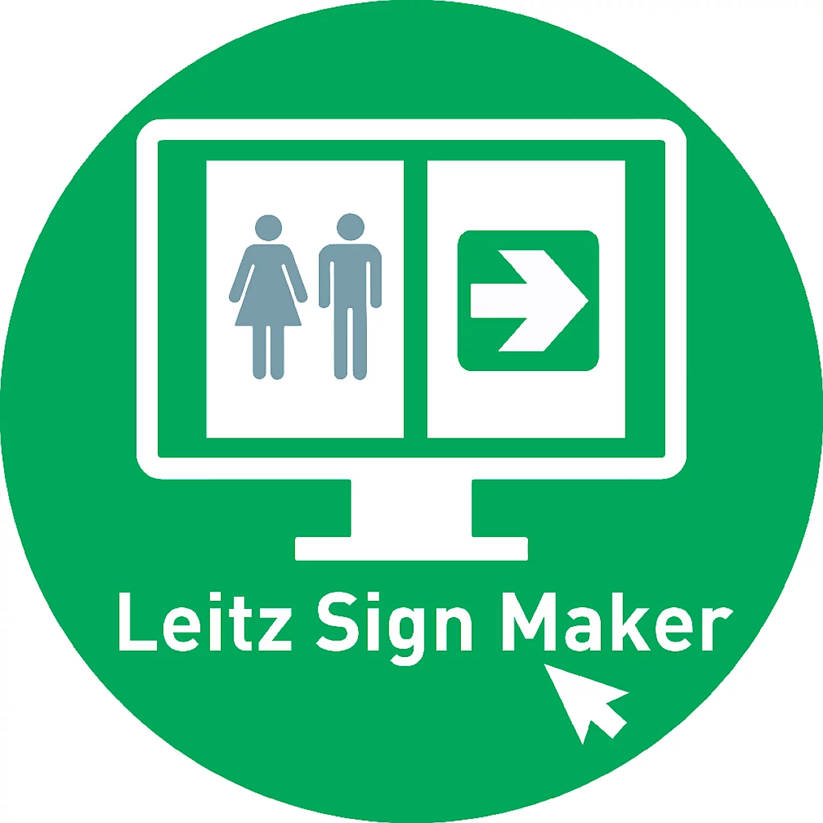 Green circle with a screen displaying toilet symbols and an arrow. Below it says "Leitz Sign Maker".