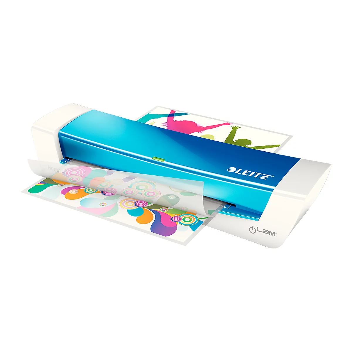 A blue and white Leitz laminator laminating a colorful paper. On top, a paper with dancing figures.