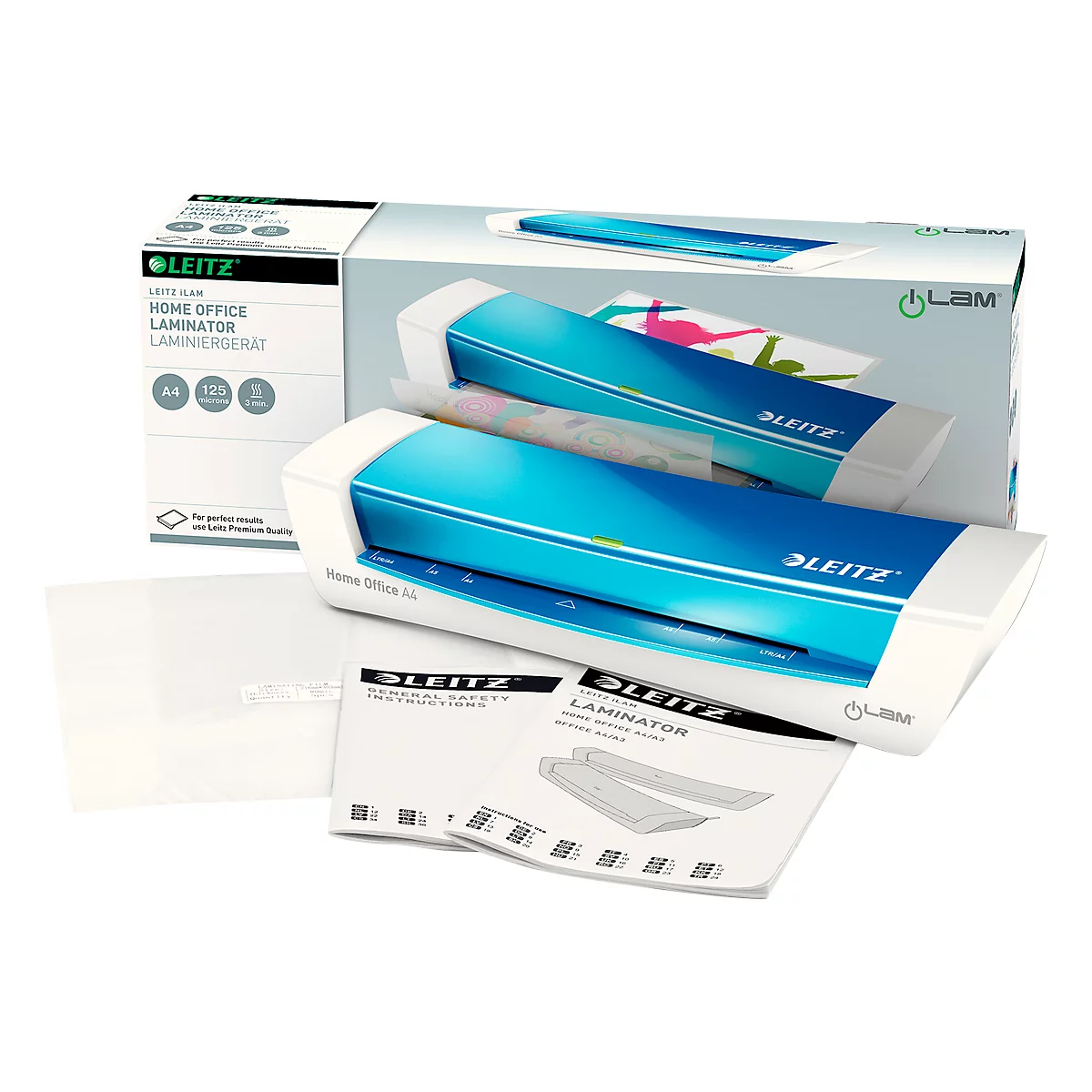 A blue and white Leitz Home Office laminator with accessories, packaging and instructions.