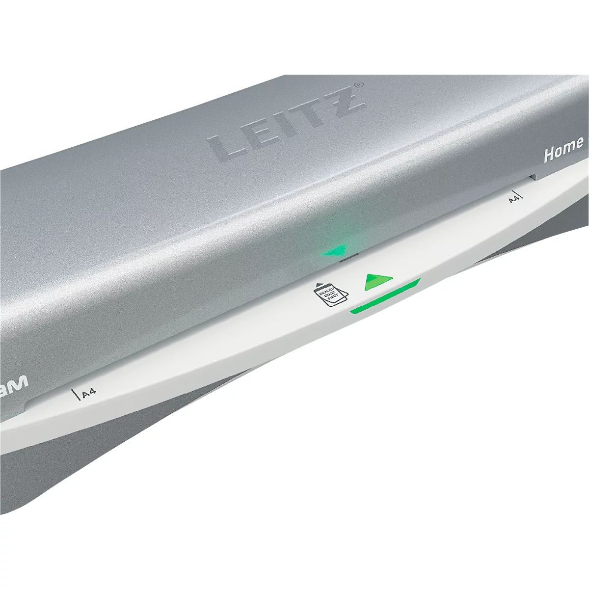 Detail shot of a Leitz laminator. Gray-silver casing with green indicators and Leitz logo.