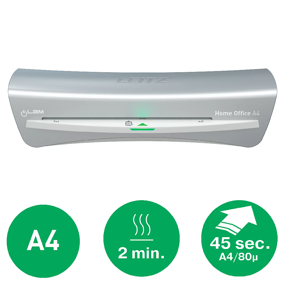 Gray laminator, Home Office A4, with green circles for specifications: A4, 2 minutes heating time, 45 seconds laminating time.