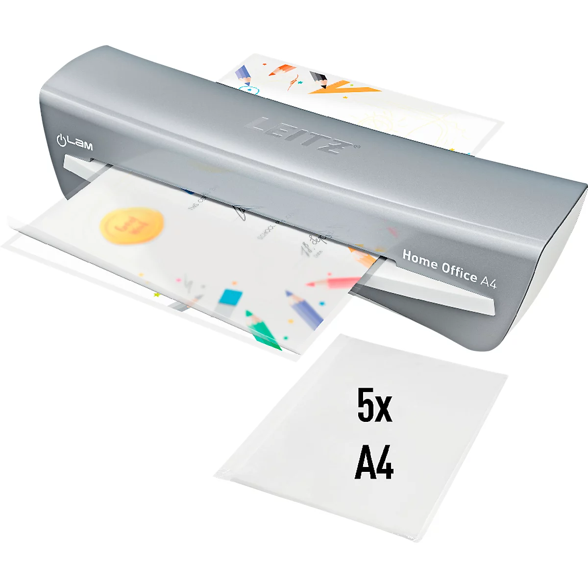 Grey Leitz laminator, sheets being laminated, next to 5 A4 films.
