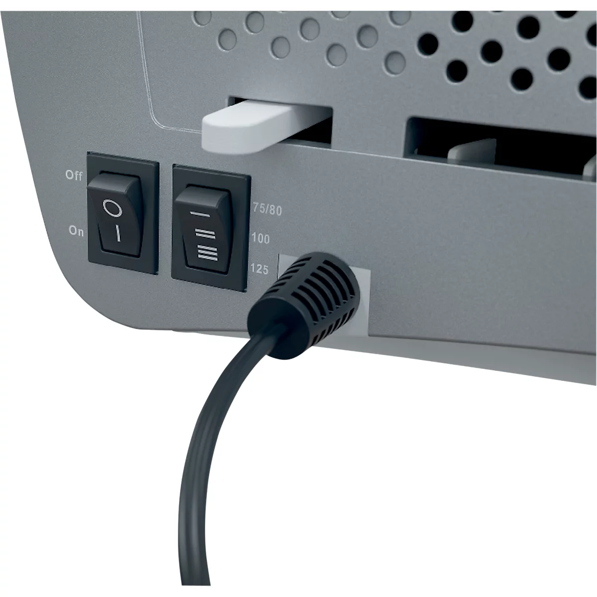 Back view of a grey device with switches, white plug, and power cord.