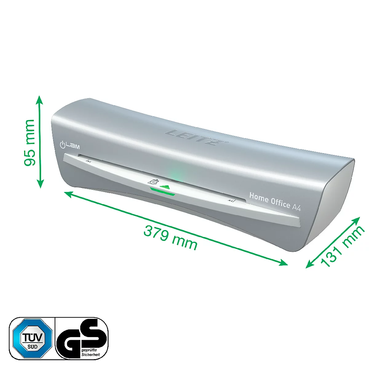 Grey Leitz laminator. Dimensions: 379 x 131 x 95 mm. Labeled Home Office A4. Green illuminated start button.