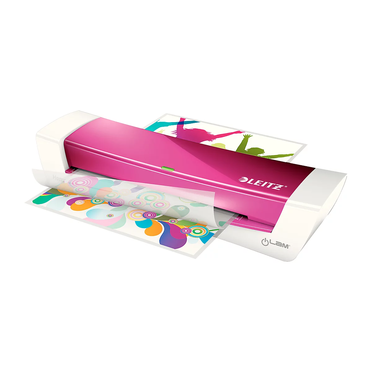 A pink LEITZ laminator. Two sheets of paper with colorful prints are being laminated.