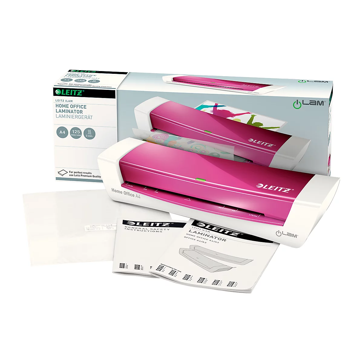 A pink Leitz laminator with accessories. The box and instruction manuals are next to it.