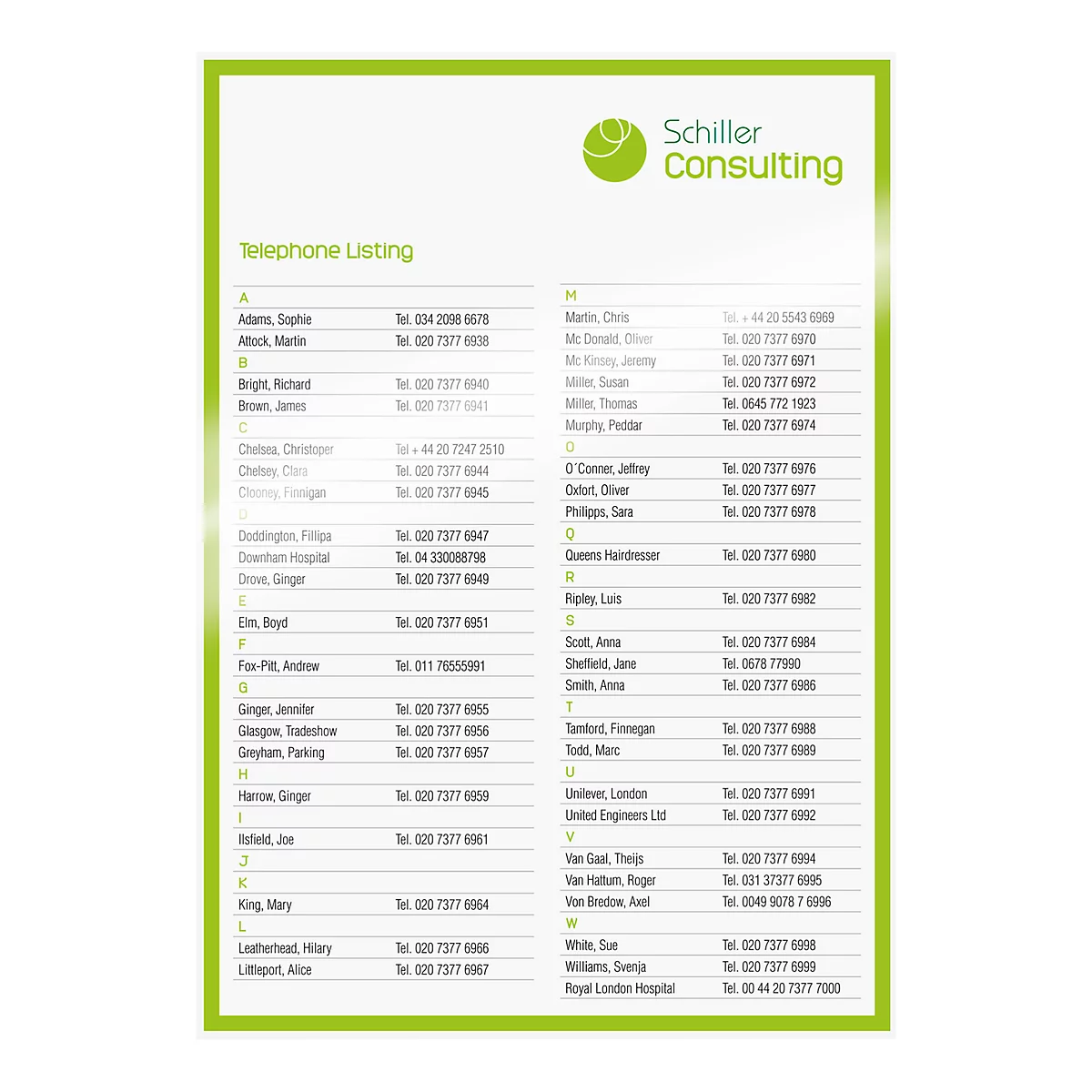 Telephone listing with names and phone numbers on white background, green frame.