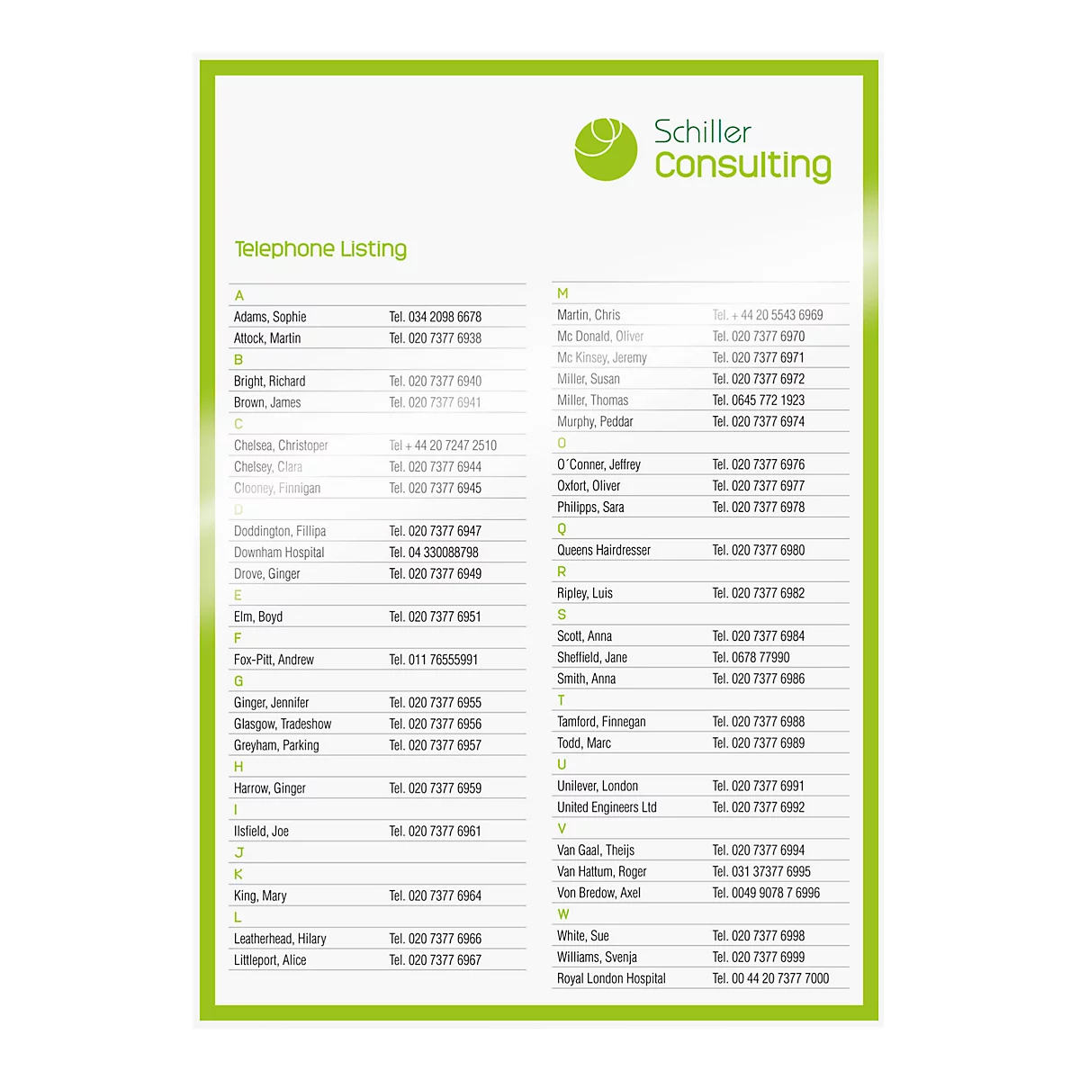 Telephone listing from Schiller Consulting with names and phone numbers.