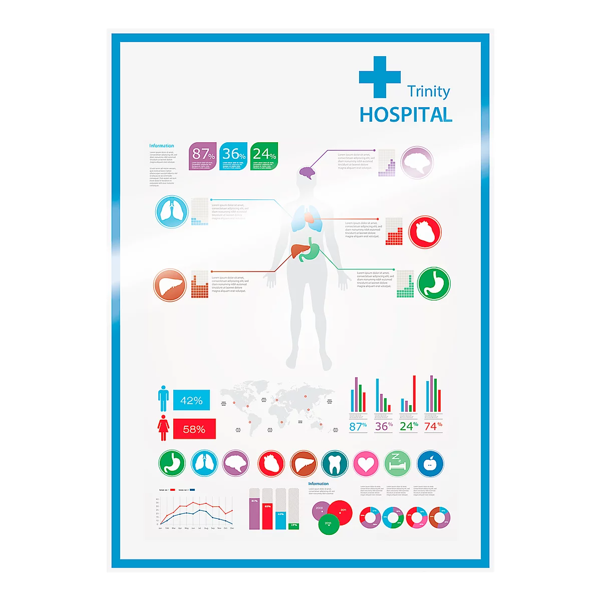 Infographic of a human figure with medical symbols and data. Charts show percentages of men and women, as well as organ shares.