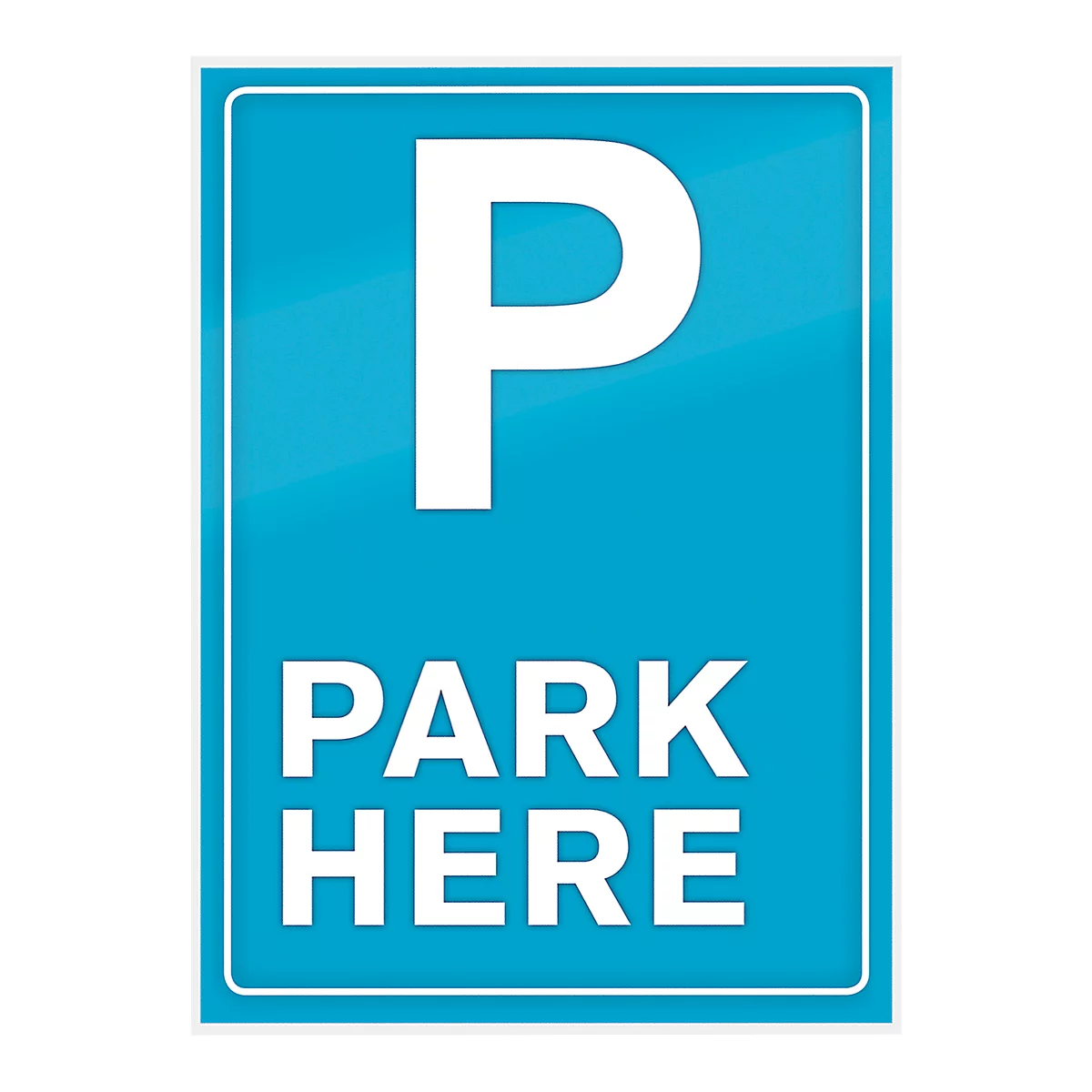 Blue parking sign with white P and text: PARK HERE.