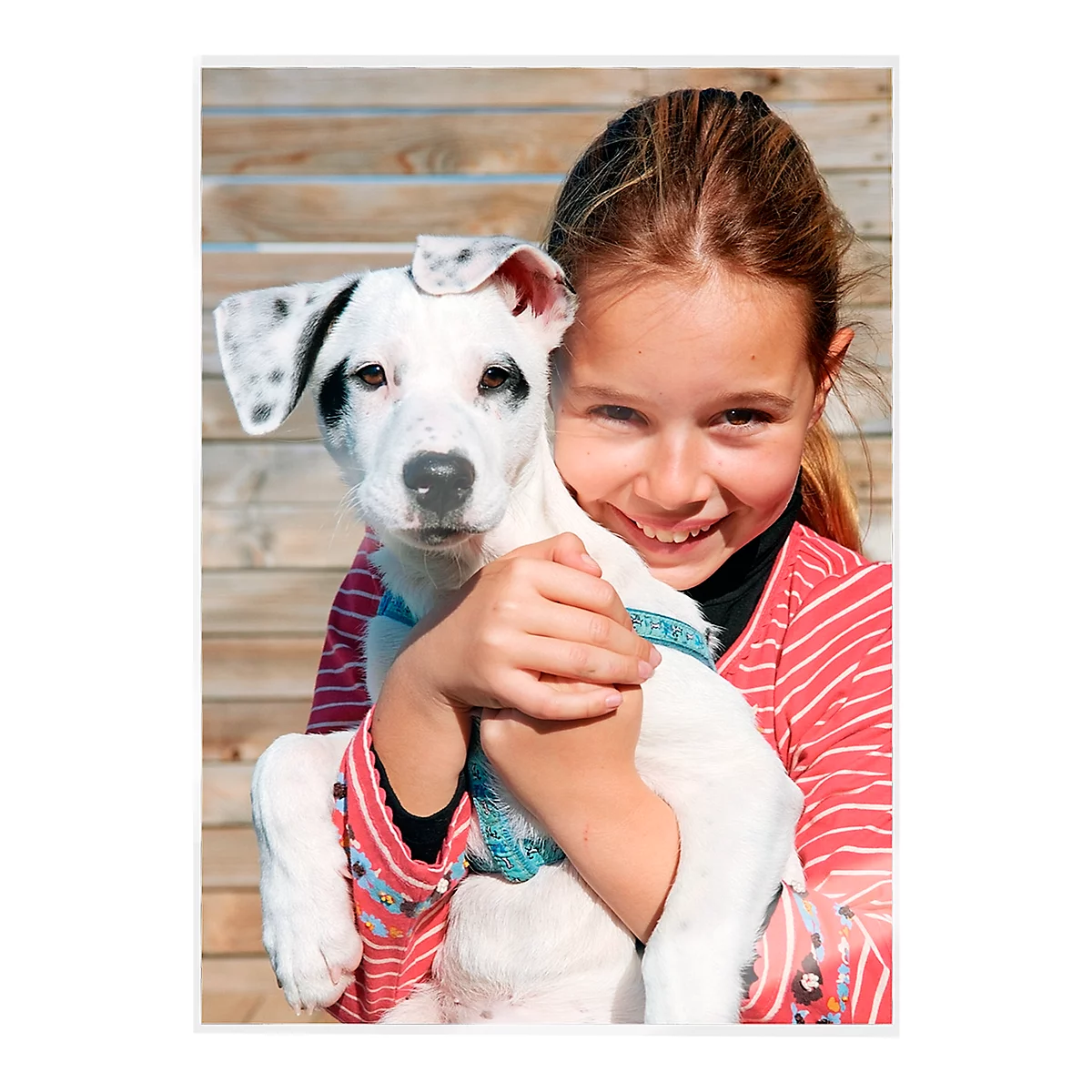 A smiling girl hugs a white dog with black spots.