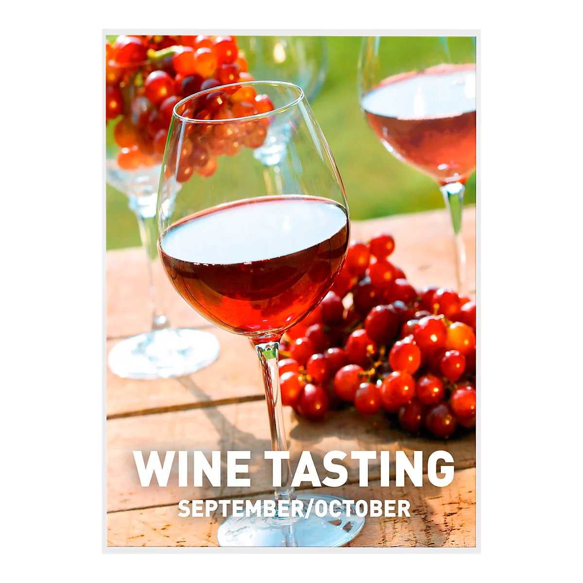 Red wine in glasses, grapes. Inscription: Wine Tasting, September/October.