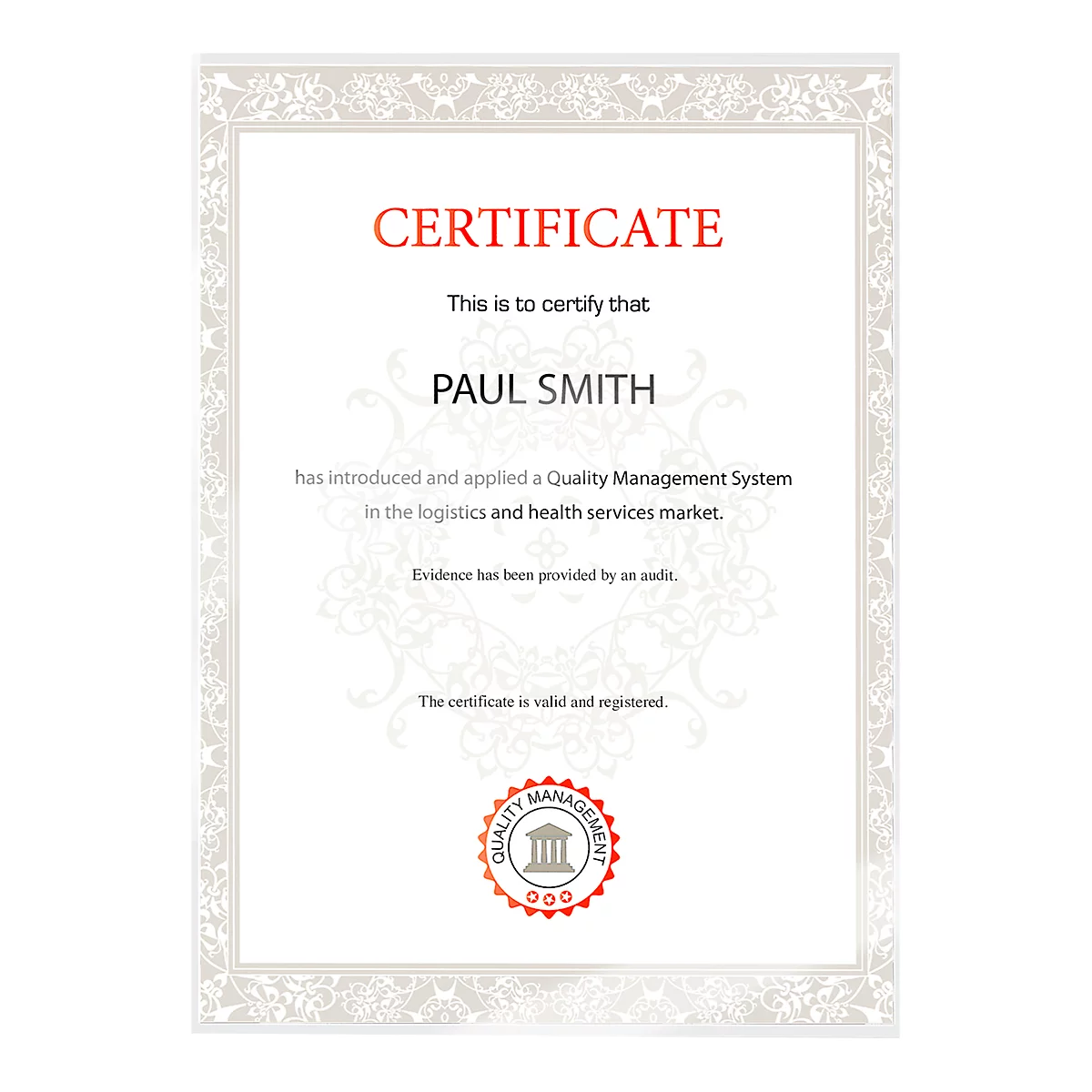 Certificate with red "certificate" text, Paul Smith and text. A quality seal is at the bottom.