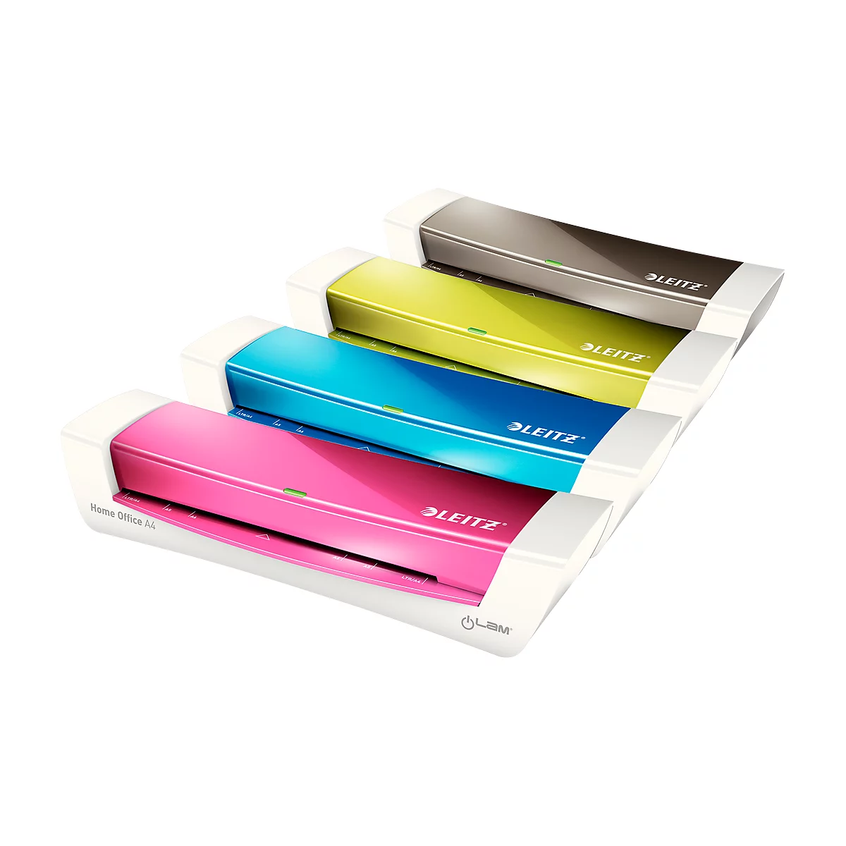 Four laminators in pink, blue, yellow, and grey, arranged side by side. Each device has a white frame and the Leitz lettering.